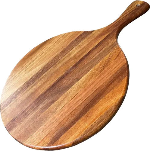 Vista 9 de Tabla de cortar redonda de madera de acacia con asa - Tabla de charcutería de madera, tabla de cortar y servir versátil para pizza, pan, queso