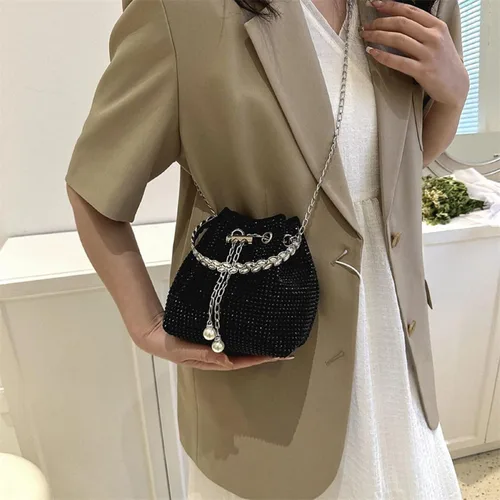 Vista 3 de Bolso de mano de noche con diamantes de imitación para mujer, con cordón brillante, bolso de hombro cruzado para baile de graduación
