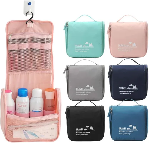 Vista 3 de Bolsa de maquillaje de viaje, bolsa organizadora de artículos de tocador colgante ligera con gancho para cosméticos 2019 (rosa)