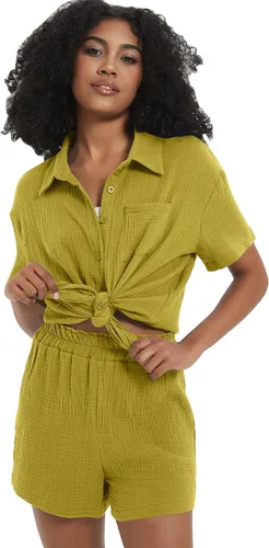 Vista 3 de Flygo Conjuntos casuales de 2 piezas para mujer, camisa con botones, bolsa de papel, pantalones cortos, conjuntos de lino de algodón
