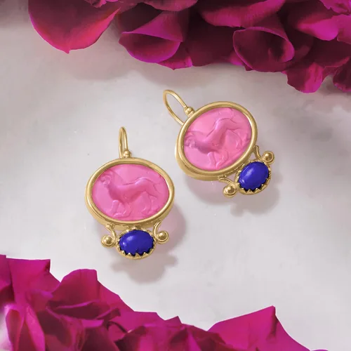 Vista 4 de Ross-Simons Pendientes de lázuli italiano y león de cristal rosa en oro de 18 quilates sobre plata de ley