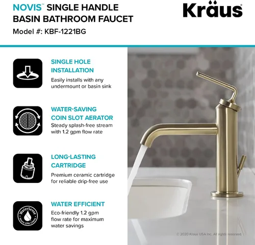 Vista 10 de KRAUS Ramus KBF-1221BG-2PK - Grifo de lavabo de baño de una sola manija con drenaje de varilla de elevación en oro cepillado