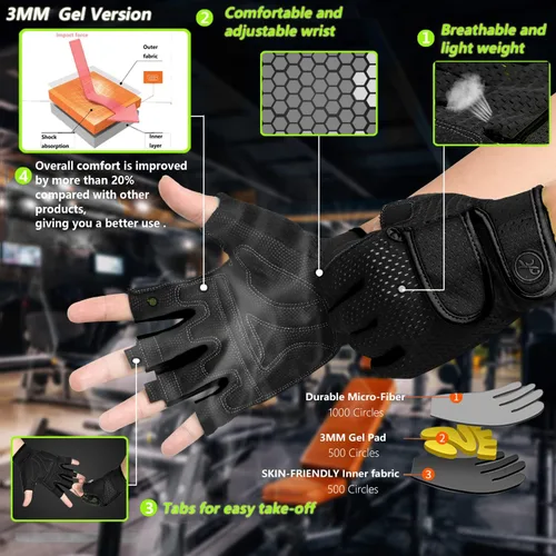Vista 2 de Guantes de entrenamiento MOREOK con acolchado para levantamiento de pesas para hombres/mujeres, [Gel de 3MM] guantes sin dedos de agarre