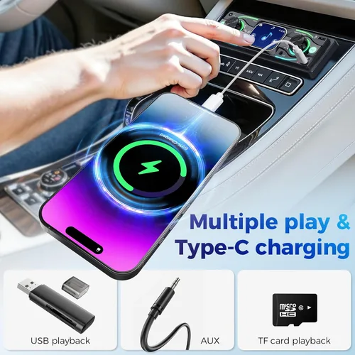 Vista 4 de Estéreo de coche DIN sencillo con pantalla táctil, audio Bluetooth, receptor de radio para coche, entrada dual MP3/USB/SD/AUX, carga rápida