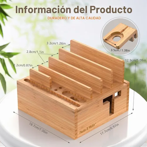 Vista 8 de Estación de carga de bambú Pezin & Hulin para múltiples dispositivos incluye cargador USB de 5 puertos, 5 cables, organizador de escritorio