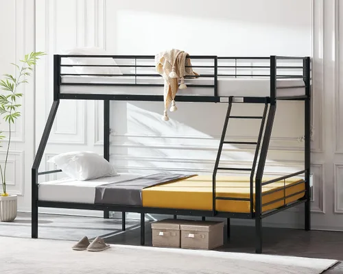 Vista 5 de VINGLI Litera Individual sobre Completa para Niños/Adultos con Escaleras de Peldaños Planos, Listones de Metal Resistentes, No Necesita Somier, Negro