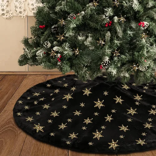Vista 2 de Faldones de Felpa para Árbol de Navidad, 24 pulgadas, Lujosa Cubierta de Base de Árbol de Navidad de Piel Sintética Negra con Copos de Nieve Dorados