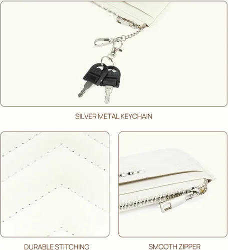 Vista 5 de Telena Cartera delgada para mujer, con bloqueo RFID, tarjetero de cuero con llavero plateado, color beige