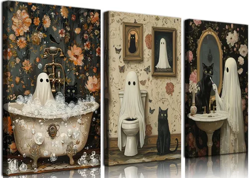 Vista 8 de NBYARTQ Pósteres de Fantasmas de Halloween Arte de Pared Juego de 3 Impresiones de Terror Espeluznante Academia Oscura Fantasma y Gato Negro