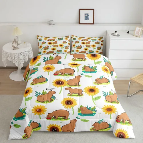 Vista 12 de Feelyou Juego de edredón de dibujos animados de Capybara, tamaño individual con 1 funda de almohada, juego de ropa de cama con estampado de Multi 02