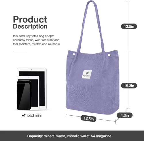 Vista 2 de Bolsas de pana para mujeres y niñas, bolsa de pana de gran capacidad, reutilizable, con bolsillos interiores