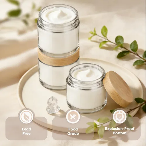 Vista 6 de Tarros de vidrio de 2 onzas con tapas, paquete de 24 recipientes de vidrio pequeños con tapas de plástico de grano de madera y revestimientos