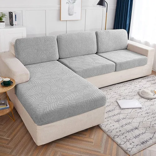 Vista 11 de Fundas de cojín elásticas para sofá, funda de cojín para asiento de sofá, diseño de hojas jacquard, protector de muebles para sofá seccional Beige