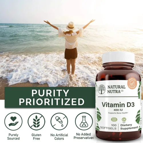 Vista 4 de Natural Nutra Supreme Vitamin D3 Cápsulas blandas de 400 UI, apoyo inmunológico, vitamina solar, fuerza ósea y dental, sin gluten, 100 cápsulas
