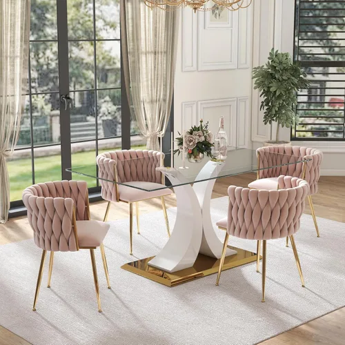 Vista 32 de Juego de comedor moderno de vidrio de lujo de 5 piezas, juego de cena rectangular minimalista grande para 4, juego de mesa de cocina de vidrio