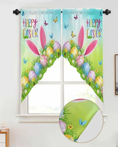 Vista 2 de BEMIGO Cenefas con estampado de huevos de Pascua, decoración de cocina, con orejas de conejo, bolsillo para barra, aislamiento térmico y lavable Rosa