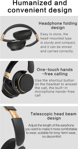 Vista 7 de Auriculares inalámbricos con Bluetooth 5.0, auriculares estéreo plegables sin pérdidas, con micrófono, FM, ranura SD/TF, cancelación activa de Negro