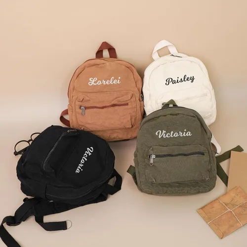 Vista 6 de Mini mochila personalizada mochila pequeña mochila de lona vintage para la escuela Mochila universitaria personalizada con monograma, Verde, Lona