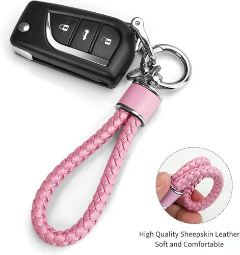Vista 3 de Tukellen Llavero de tejido de cuero para automóvil, llavero de regalo para mujer, con anillo en D giratorio de 360 grados y destornillador