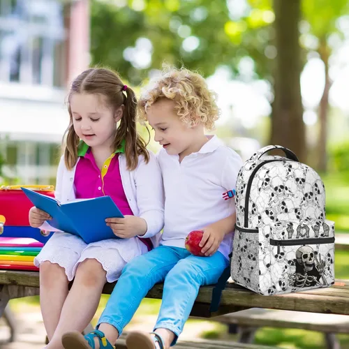 Vista 7 de VIPOIN Mochila para niños, esqueletos de calavera de rock and roll, mochila de Halloween para niños para viajes escolares y actividades al aire
