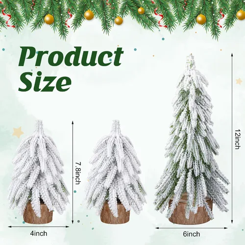 Vista 2 de 3 árboles de Navidad de mesa de nieve, 2 tamaños, mini pinos de mesa con base de madera, árboles de Navidad artificiales de escritorio para Navidad