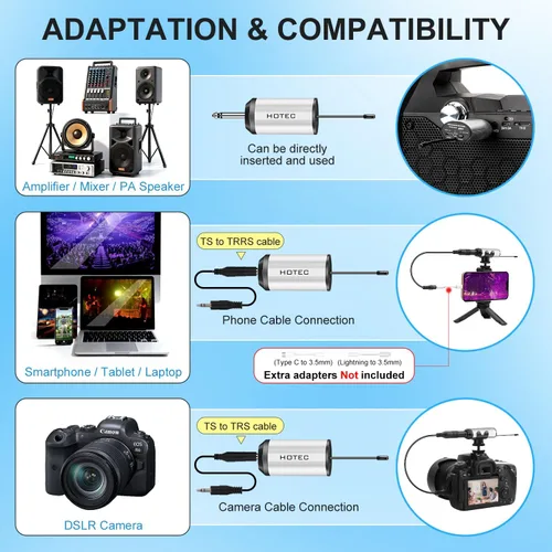 Vista 6 de Hotec Sistema inalámbrico con micrófonos de auriculares duales/micrófonos de solapa Lavalier y transmisores de bodypack y un mini receptor