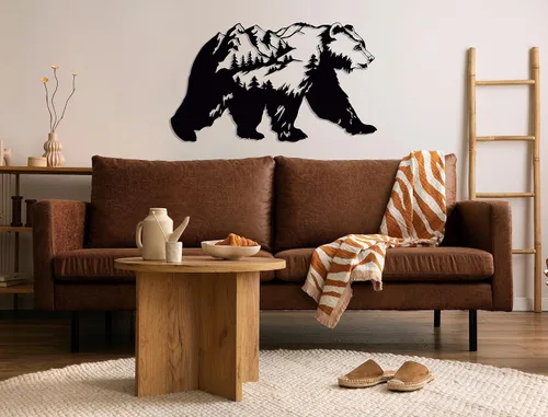 Vista 5 de Decoración de pared de metal con oso, arte de pared grande para exteriores, decoración de montaña y naturaleza, decoración de pared de bosque