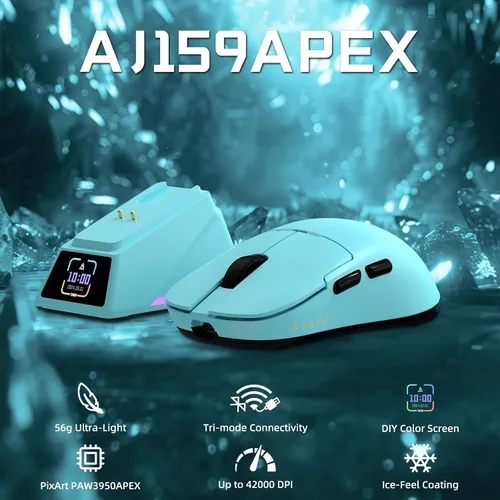 Vista 2 de AJAZZ AJ159 APEX - Mouse inalámbrico para juegos con base de carga magnética, mouse ligero BT/2.4G/USB-C con cable, sensor óptico PAW3950APEX 42K