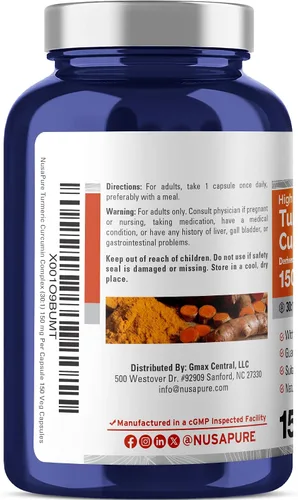 Vista 3 de NusaPure Cápsulas complejas de curcumina de cúrcuma, 150 mg, 150 cápsulas vegetales (sin gluten, sin OMG)