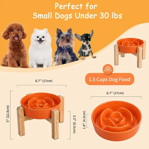 Vista 2 de Comedero Lento Elevado para Perros - Plato de Comida de Laberinto de Cerámica con Soporte de Bambú - Comedero Elevado para Comedores Rápidos - Ideal