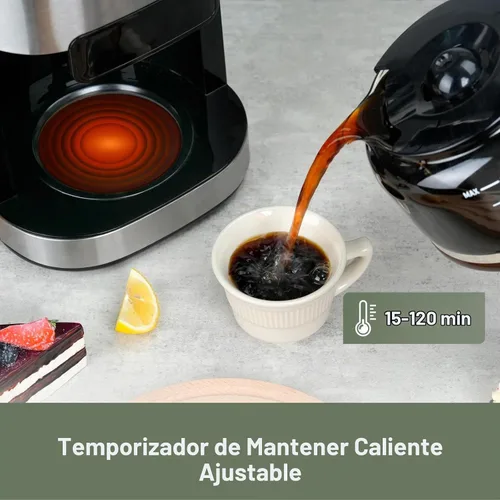 Vista 5 de Gevi Cafetera de 10 tazas con molinillo de rebabas integrado, temporizador programable, tanque de agua de 1.5L, filtro reutilizable y placa de negro