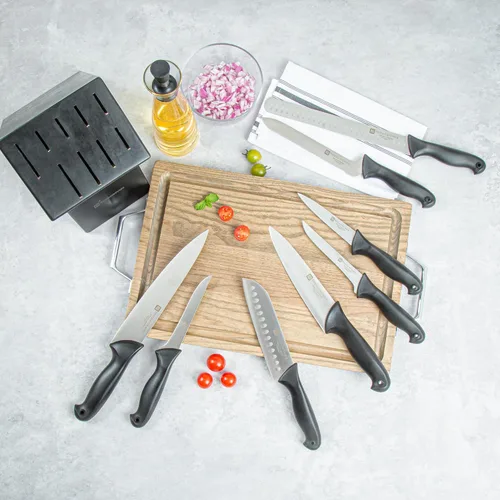 Vista 10 de Restaurantware Sensei - Juego de 8 cuchillos de acero alemán negro con pasadores codificados de colores para chefs, afilado, resistente a