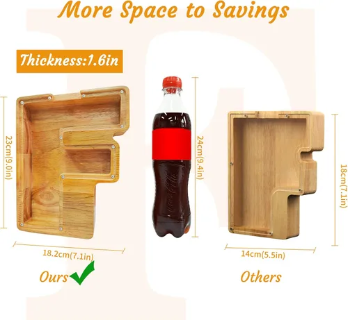 Vista 2 de Ladenk Alcancía de madera grande personalizada de 9 pulgadas para niños, niños, niños/niñas/adultos, bancos creativos para niños para billetes y F