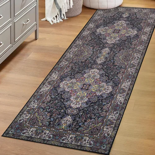 Vista 13 de SUPERIOR Medallion - Alfombra lavable, respaldo de algodón, alfombra para mesa de comedor, alfombra para vestíbulo, de fácil cuidado, alfombra Negro