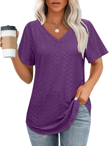 Vista 28 de OFEEFAN Camisetas básicas de manga corta con cuello en V para mujer, ajuste holgado, con dobladillo curvado B-verde