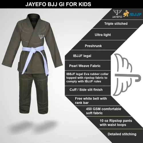 Vista 2 de Jayefo JIU Jitsu GI para niños y niñas, IBJJF Legal BJJ ligero, suave, preencogido, para niños y jóvenes, sin MMA, cinturón blanco