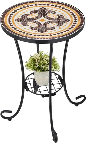 Vista 9 de VCUTEKA Mesa auxiliar de mosaico para exteriores, mesa de patio, mesa de decoración de mosaico, marco de metal, mesas auxiliares pequeñas, porche
