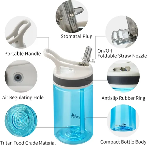 Vista 3 de AceCamp Paquete de 2 botellas de agua para niños con popote para la escuela, niños y niñas, botella de agua pequeña de 12 onzas con clip Tritan sin
