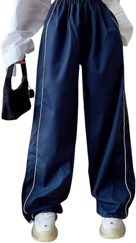 Vista 4 de KMBANGI Pantalones de paracaídas para mujer, holgados Y2k, pantalones deportivos con cintura elástica, rayas laterales, pantalones deportivos