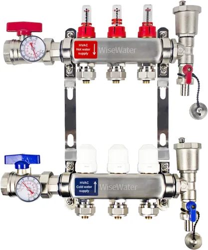 Vista 15 de AB Colector PEX de 2 bucles/radiante, salidas compatibles de 1/2 pulgada, válvula de flujo de hasta 1.4 GPM para calefacción radiante hidrónica