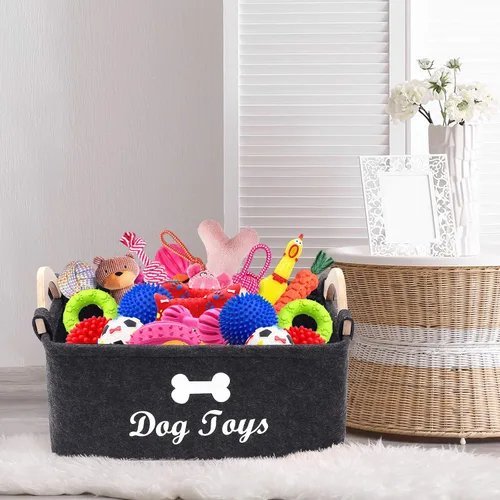 Vista 6 de Geyecete Cesta plegable para juguetes para perros con mango de madera, gran contenedor de almacenamiento de suministros para mascotas gris oscuro