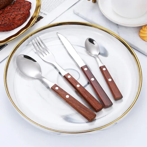 Vista 6 de Juego de 20 cubiertos de acero inoxidable con mango de madera maciza para 4 personas, cuchillo para carne, cuchara de postre (oscuro)