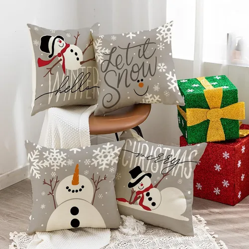 Vista 2 de Fundas de almohada navideñas de muñeco de nieve de 18 pulgadas, 4 piezas, decoraciones festivas para el hogar (4 piezas mixtas)