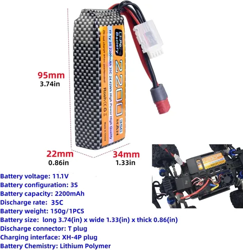 Vista 2 de sea jump Batería Lipo de 11.1 V 2200 mAh 35C 3S con enchufe en T y cable de carga USB adecuado para MJX H16P H16E H16GT H16BM H16PL 14301 RC Car