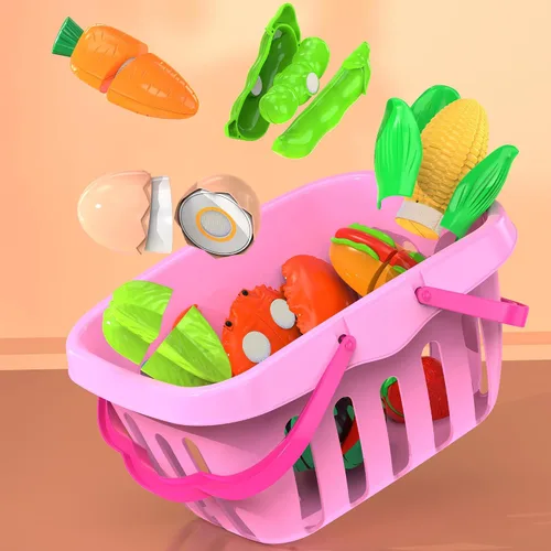 Vista 6 de Juego de 94 piezas de alimentos de corte para cocina infantil (45 artículos), comida de juego de simulación con cesta de la compra, accesorios