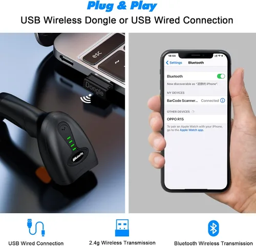 Vista 3 de Escáner de código de barras inalámbrico Bluetooth con funda, funda de lector de código de barras de longitud ajustable, batería recargable de 1800