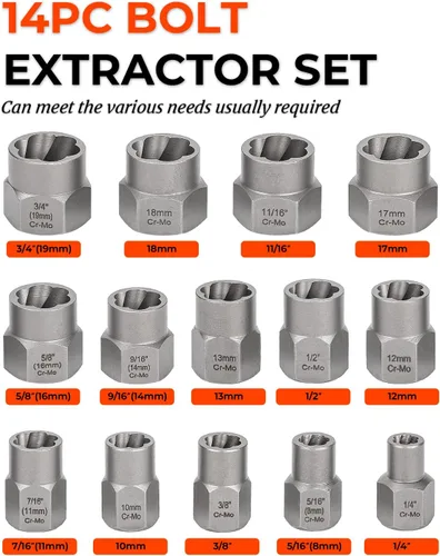 Vista 4 de Juego de extractor de pernos, juego de 14 piezas de extractor de tuercas y pernos de impacto, juego de enchufes extractores de tuercas con adaptador