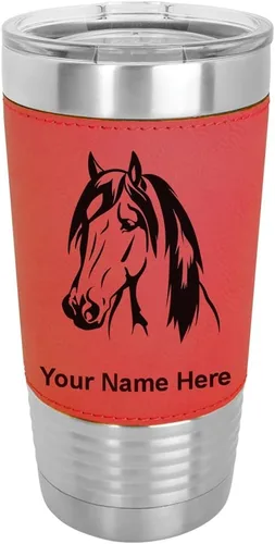 Vista 20 de LaserGram Vaso aislado al vacío de 20 onzas, cabeza de caballo 1, grabado personalizado incluido (cuero sintético, rústico)