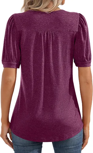 Vista 2 de Ficerd Blusa plisada de manga corta abombada para mujer, cuello redondo, elegante, casual, holgada, para primavera y verano