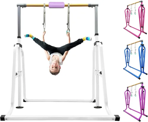 Vista 18 de Foldable Gymnastics Kip Bar with Rings & Bar Pad, 3 FT–5 FT Adjustable Horizontal Bar for Kids, 7-Level Height, 300 LBS Weight Capacity, Indoor Home